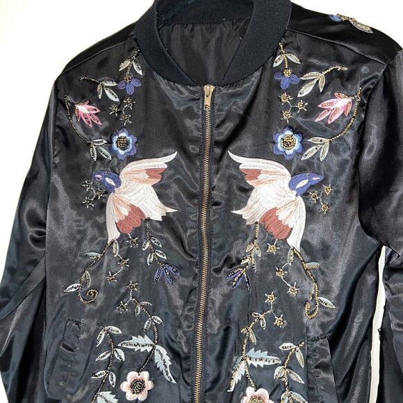 MIULIFE beaded floral bird bomber jacket black womens size small - Picture 5 of 7